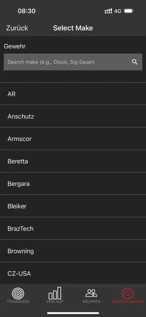 Hersteller der Waffe in der MantisX App auswählen