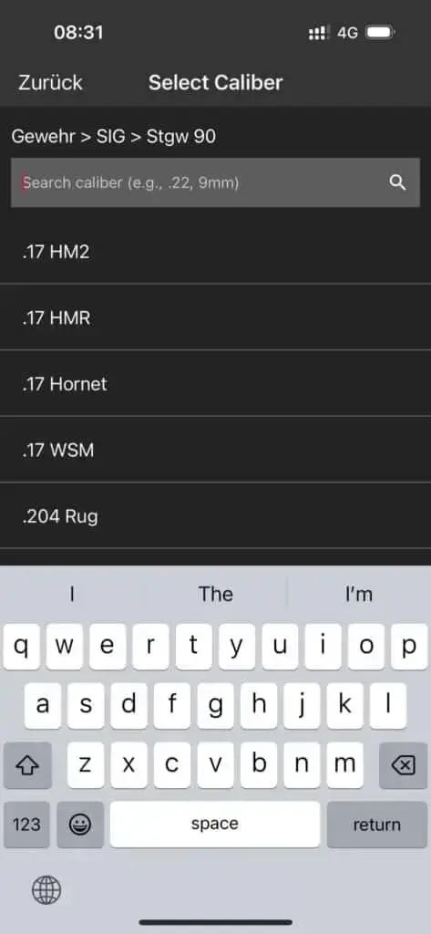 Kaliber der Waffe in der MantisX App auswählen